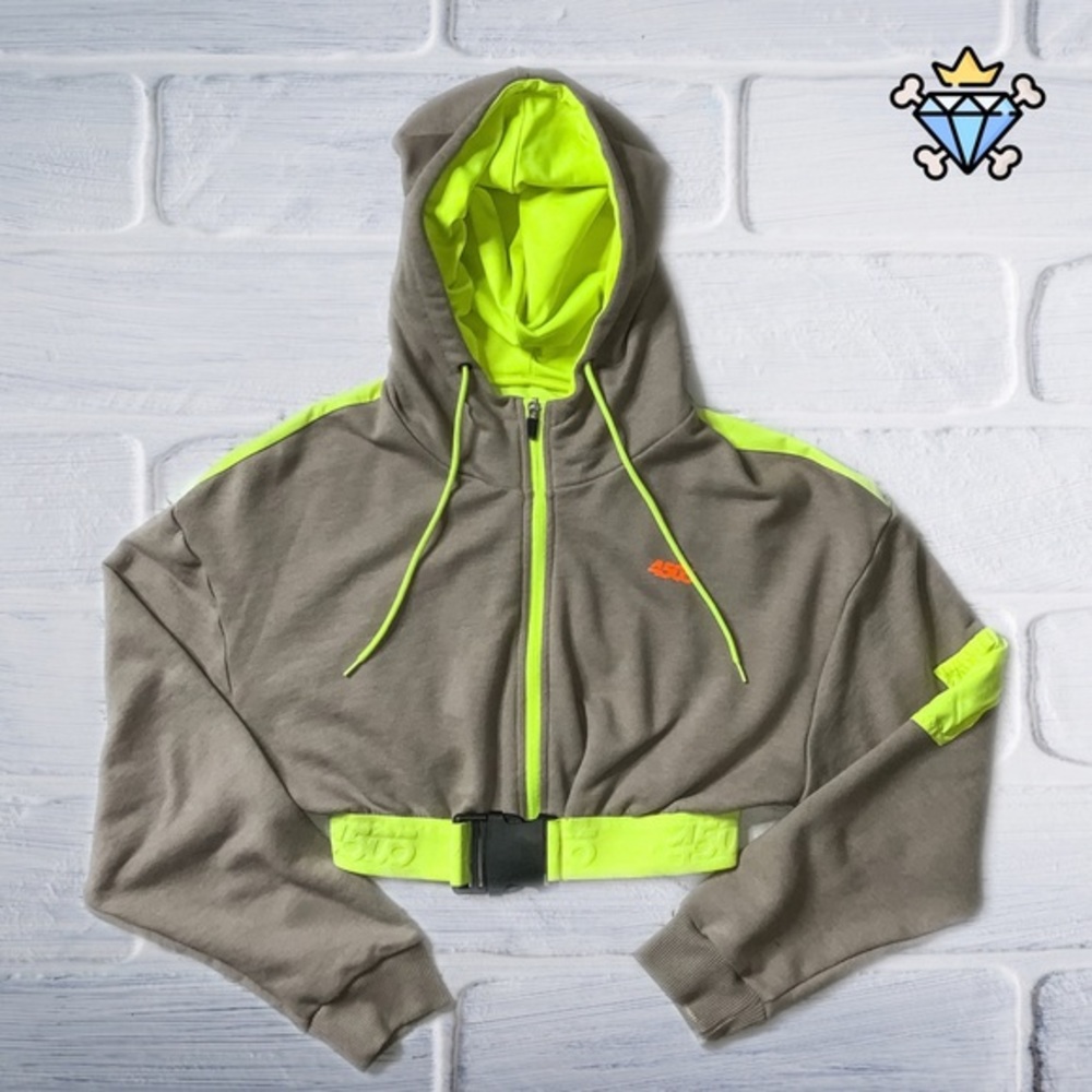 WOMENS ASOS 4505 NEON GRAY CROPPED ZIP UP ATHLETIC HOODIE SIZE 6 ATHLEISURE
